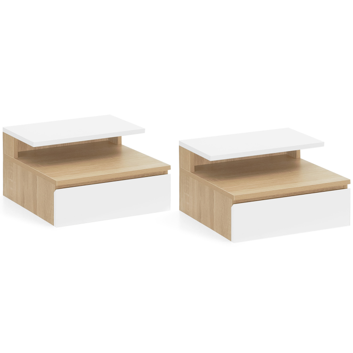 Lot de 2 tables de chevet murales TOMI étagère suspendue + 1 tablette bois façon hêtre et tiroir blanc