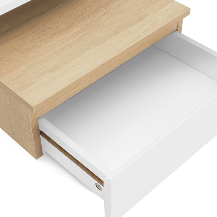 Lot de 2 tables de chevet murales TOMI étagère suspendue + 1 tablette bois façon hêtre et tiroir blanc