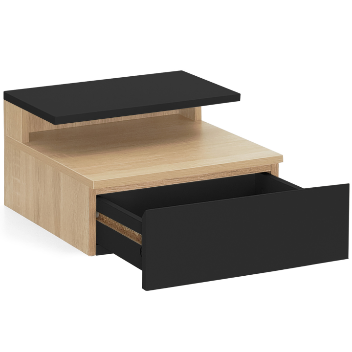 Lot de 2 tables de chevet murales TOMI étagère suspendue + 1 tablette bois façon hêtre et tiroir noir