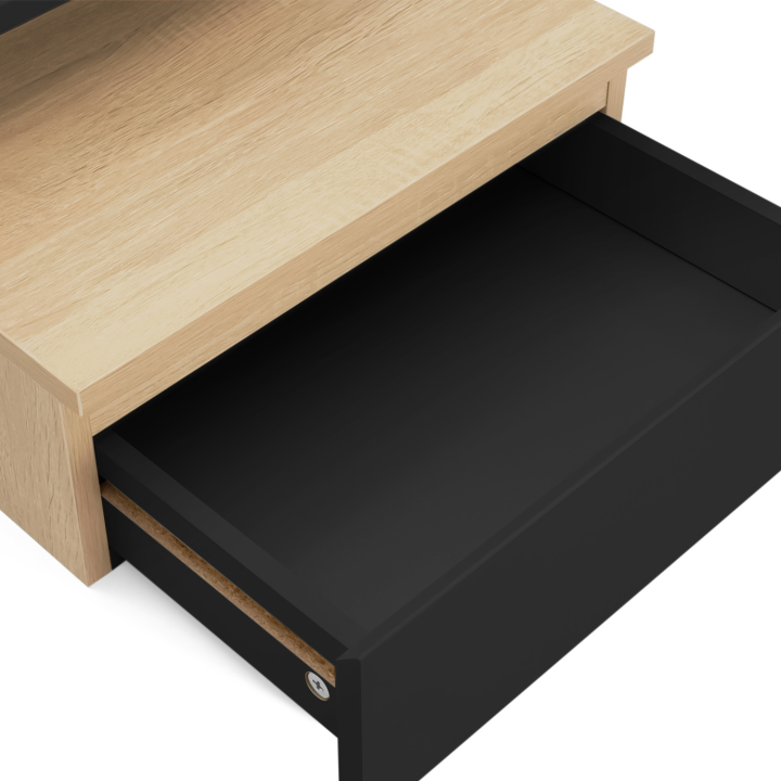 Lot de 2 tables de chevet murales TOMI étagère suspendue + 1 tablette bois façon hêtre et tiroir noir