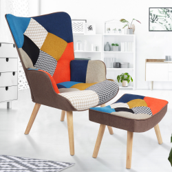 Fauteuil scandinave IVAR avec repose pieds en tissu patchwork multicouleurs et imprimé pied de poule