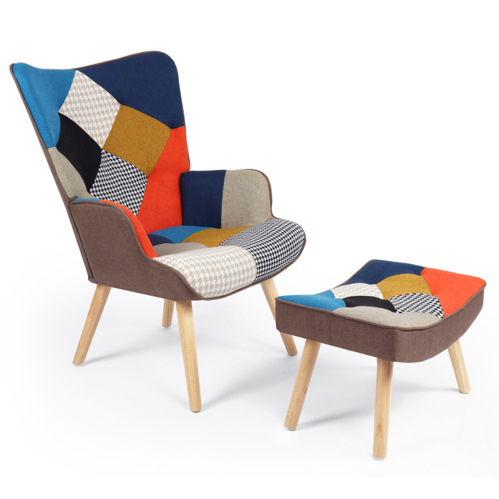 Sillón escandinavo estampado pata de gallo multicolor con reposapiés - IVAR | ID Market