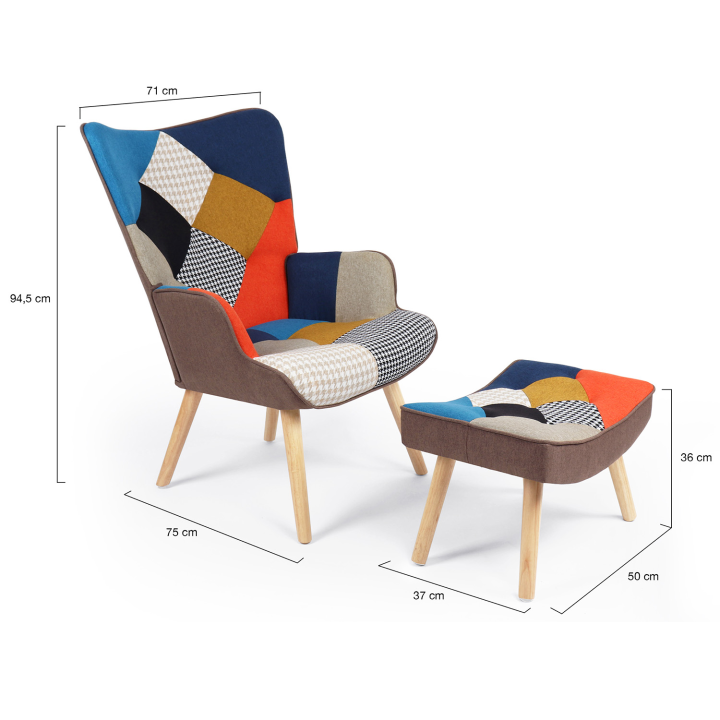 Sillón escandinavo estampado pata de gallo multicolor con reposapiés - IVAR | ID Market