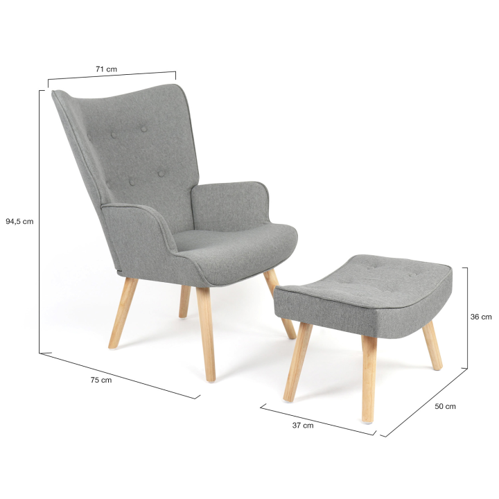 Fauteuil scandinave IVAR avec repose pieds gris clair