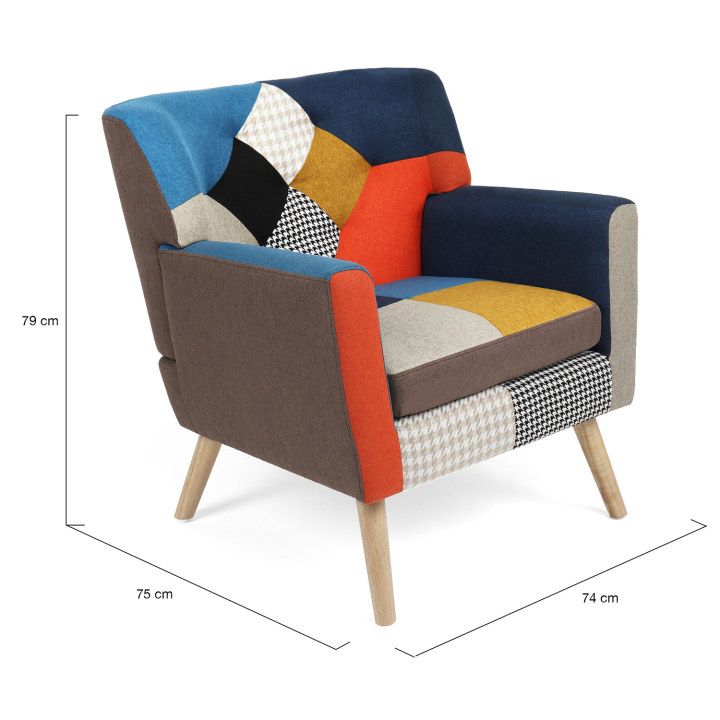 Fauteuil scandinave LIV en tissu patchwork multicouleurs et imprimé pied de poule