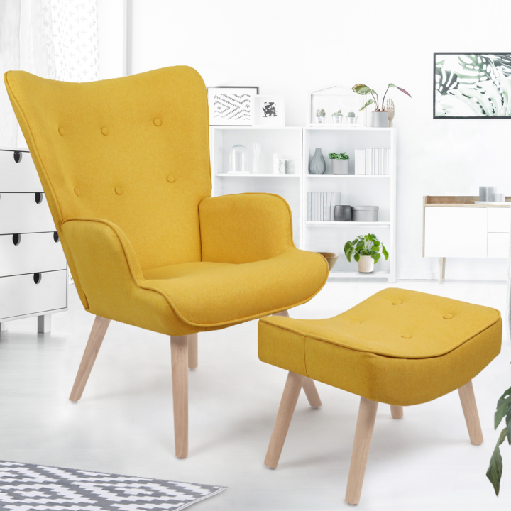 Fauteuil scandinave IVAR avec repose pieds jaune