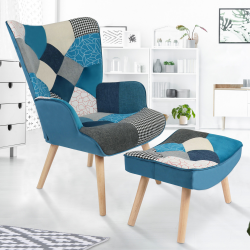 Sillón patchwork escandinavo de terciopelo azul con reposapiés - IVAR | ID Market