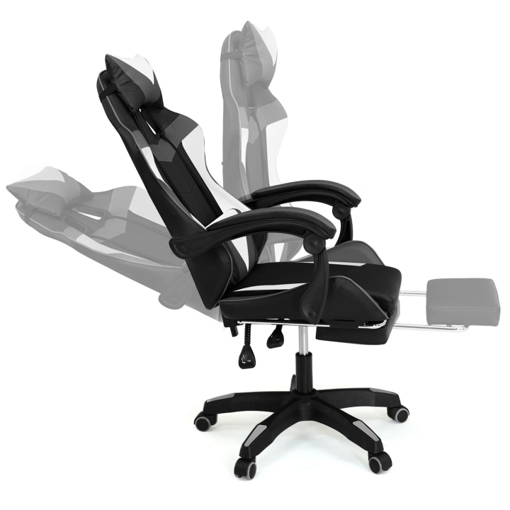 Fauteuil de gaming ALEX réglable avec repose-pied, coussin de tête et coussin lombaire noir blanc et gris