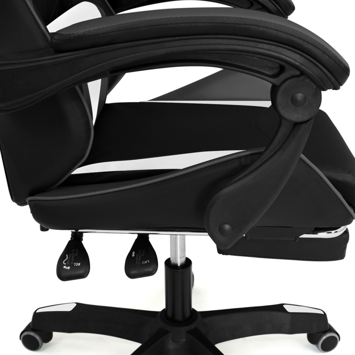 Fauteuil de gaming ALEX réglable avec repose-pied, coussin de tête et coussin lombaire noir blanc et gris