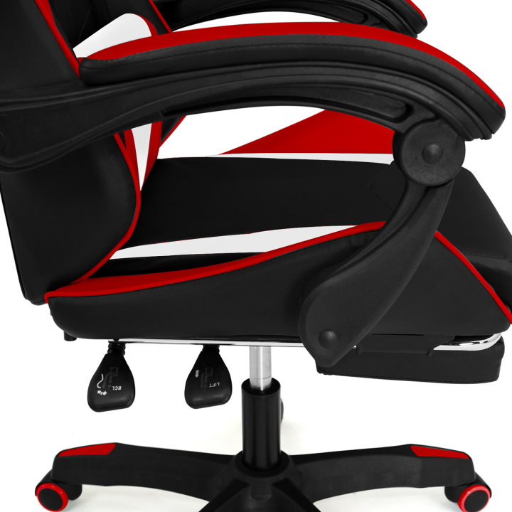 Fauteuil de gaming ALEX réglable avec repose-pied, coussin de tête et coussin lombaire noir blanc et rouge