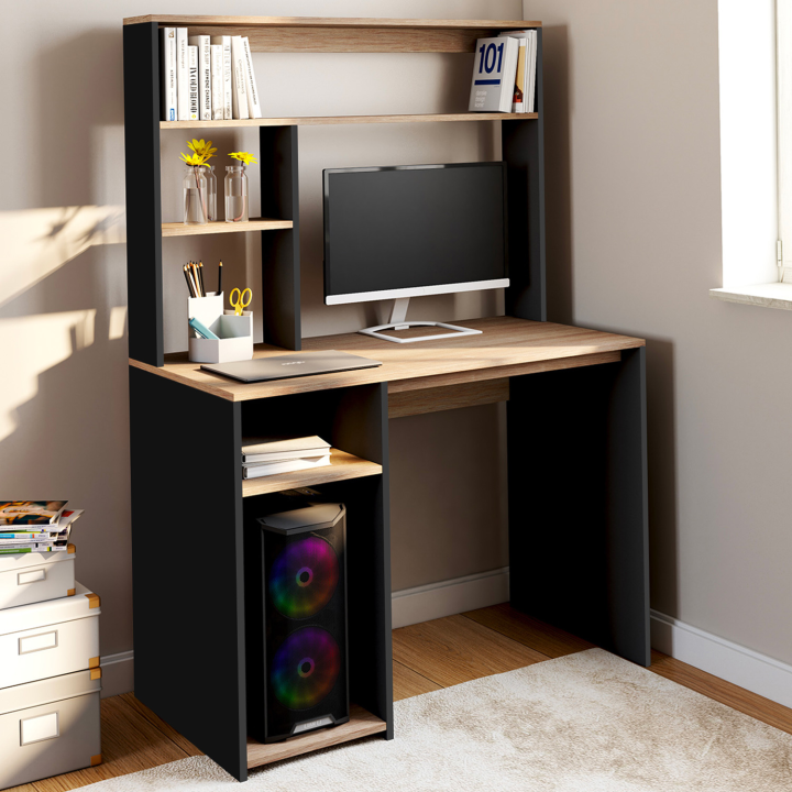 Bureau avec étagères de rangement DAN noir et façon hêtre