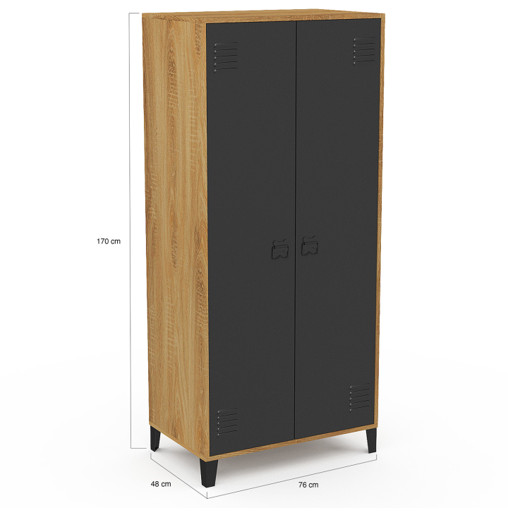 Armoire vestiaire penderie ESTER 2 portes métal noir et contour bois design industriel