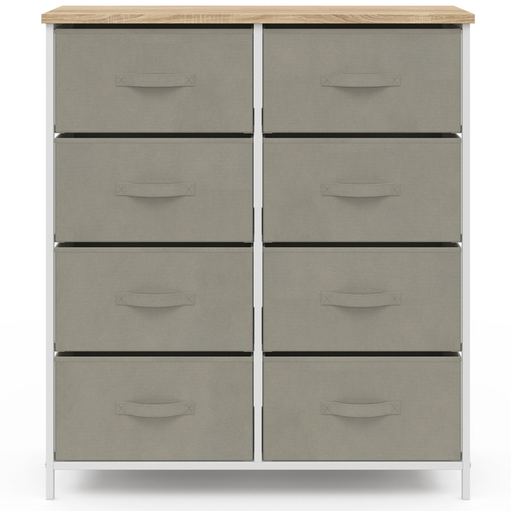 Commode 8 tiroirs en tissu ALTA 80 cm gris clair et plateau effet bois