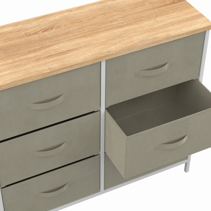 Commode 6 tiroirs en tissu ALTA 80 cm gris clair et plateau effet bois