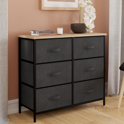 Commode 6 tiroirs en tissu ALTA 80 cm gris anthracite et plateau effet bois