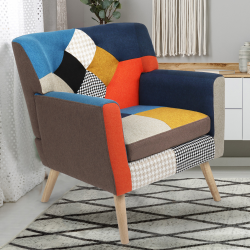 Fauteuil scandinave LIV en tissu patchwork multicouleurs et imprimé pied de poule