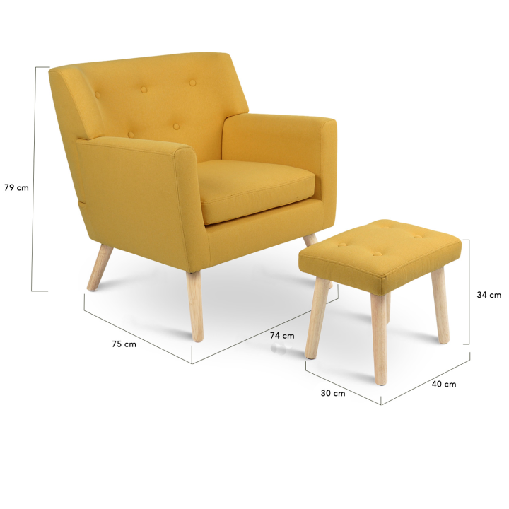 Fauteuil scandinave LIV avec repose pieds en tissu jaune