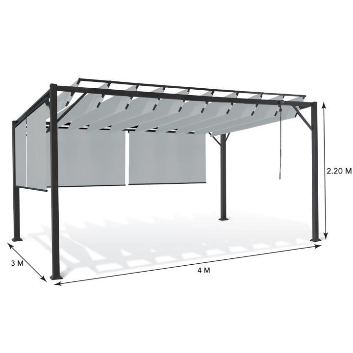 Pérgola de acero con lamas orientables 3x4 m y 4 persianas gris claro | ID Market