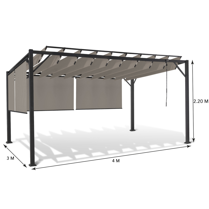 Pérgola de acero con lamas orientables 3x4m y 4 persianas topo | ID Market