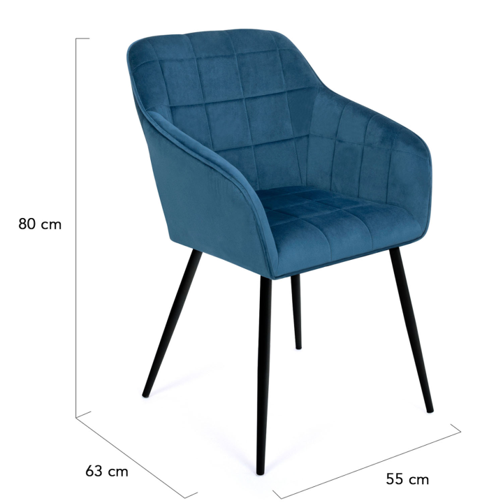 Lot de 2 chaises de salle à manger MADY en velours bleu canard avec accoudoirs