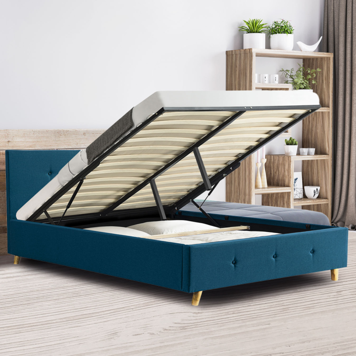 Lit coffre double scandinave LULEA 140 x 190 cm tissu bleu canard