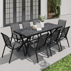 Salon de jardin SANTORIN table 190 cm plateau effet béton et 8 chaises empilables gris anthracite