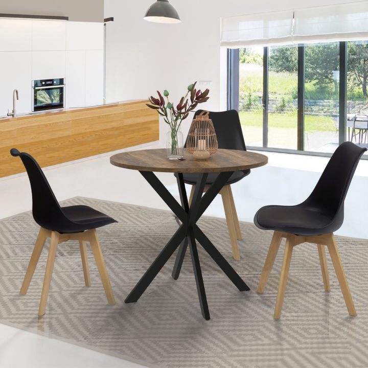 Mesa de comedor redonda 80 cm madera oscura y negra (2-4 personas) - ALIX | ID Market