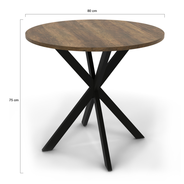 Table à manger ronde ALIX plateau HAWKINS 2-4 personnes pied araignée bois foncé et noir 80 cm