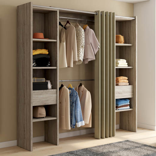 Dressing extensible double bois MERYL 120/180 x 180 cm avec rideau taupe