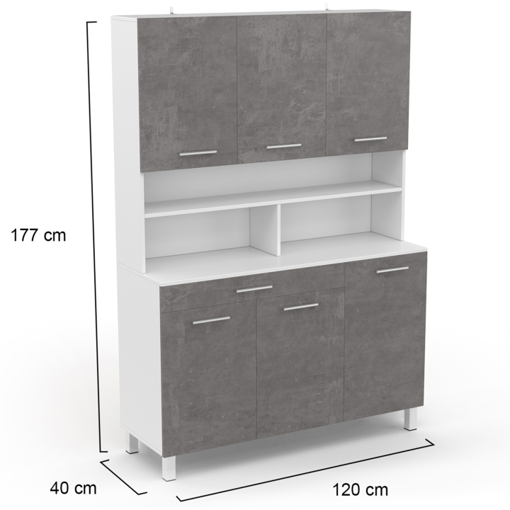 Buffet de cuisine 120 CM CINA meuble 6 portes effet béton et structure blanche + tiroir