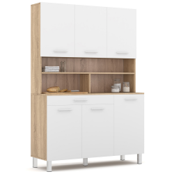 Buffet de cuisine 120 CM CINA meuble 6 portes façon hêtre et structure blanche + tiroir