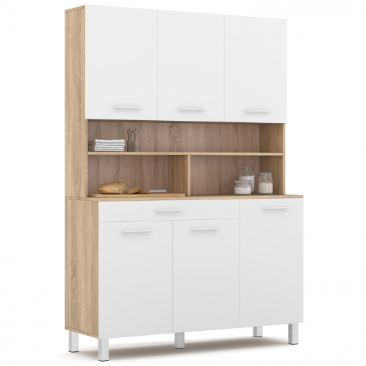 Buffet de cuisine 120 CM CINA meuble 6 portes façon hêtre et structure blanche + tiroir