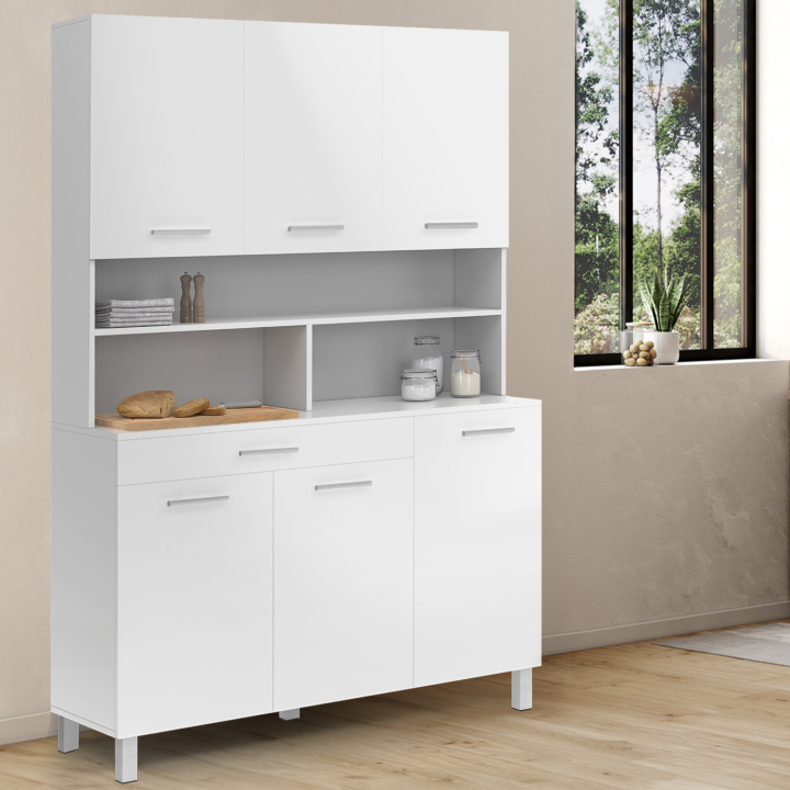 Buffet de cuisine 120 CM CINA meuble 6 portes blanc brillant et structure blanche + tiroir