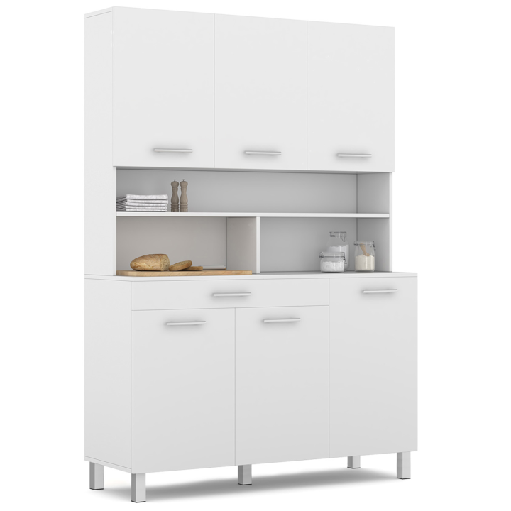 Buffet de cuisine 120 CM CINA meuble 6 portes blanc brillant et structure blanche + tiroir