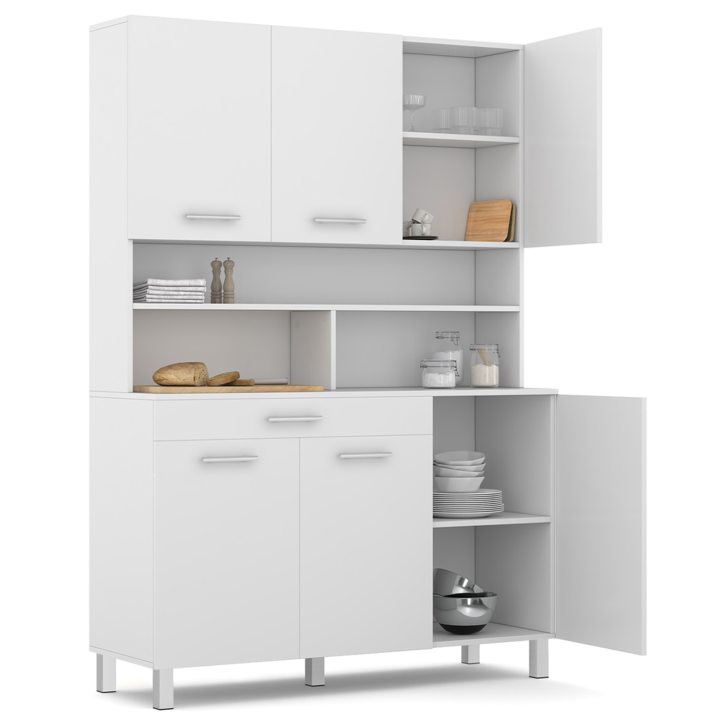 Buffet de cuisine 120 CM CINA meuble 6 portes blanc brillant et structure blanche + tiroir