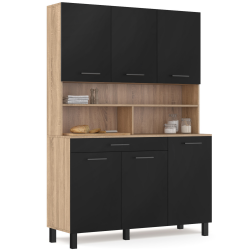 Buffet de cuisine 120 CM CINA meuble 6 portes noir mat et structure façon hêtre + tiroir