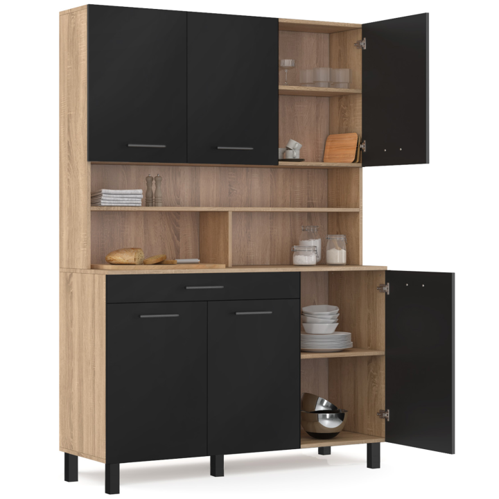 Buffet de cuisine 120 CM CINA meuble 6 portes noir mat et structure façon hêtre + tiroir