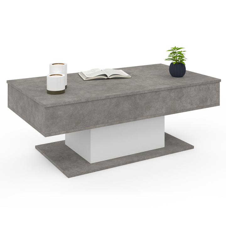 Table basse plateau relevable rectangulaire EDEN effet béton et blanc