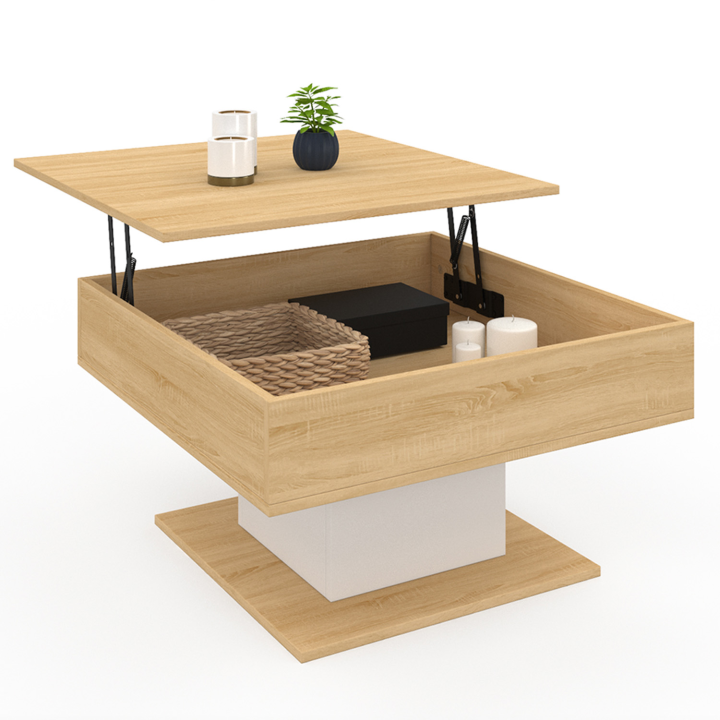 Table basse plateau relevable EDEN carrée bois et blanc