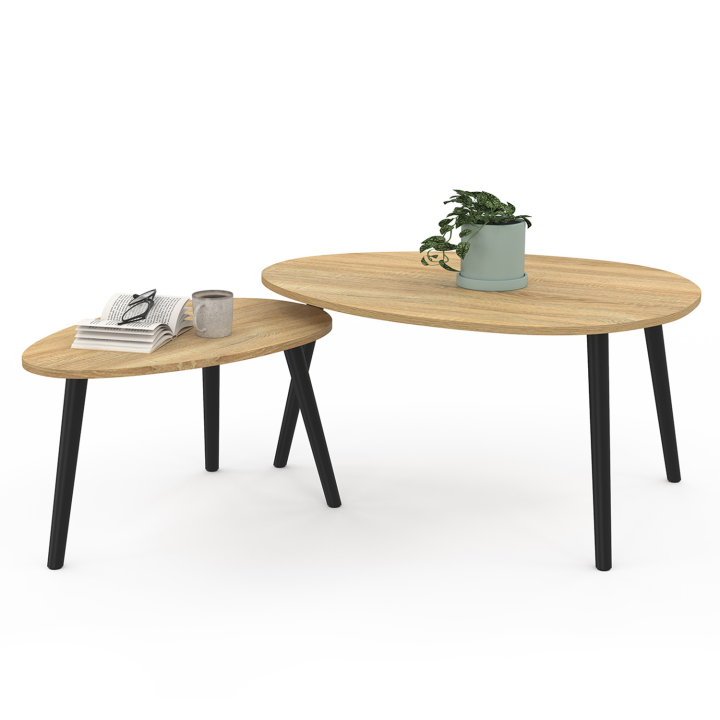 Lot de 3 tables basses gigognes GAIA bois et  pieds noirs scandinave