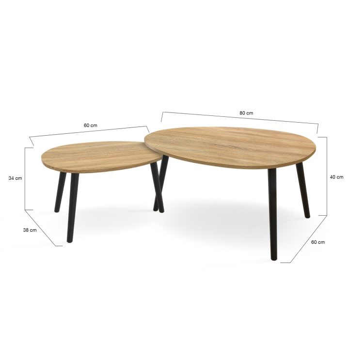 Lot de 3 tables basses gigognes GAIA bois et  pieds noirs scandinave