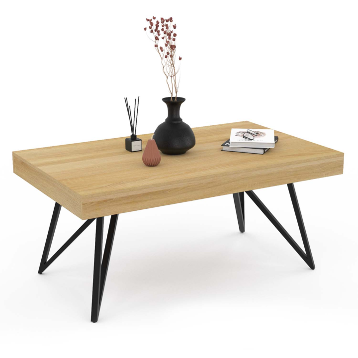 Mesa de centro rectangular de madera y negro con patas cruzadas - ADELE | ID Market