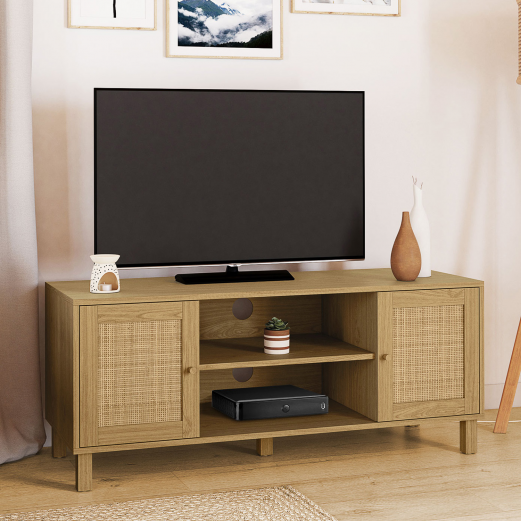 Meuble TV 115 cm vintage HANAE 2 portes effet naturel cannage