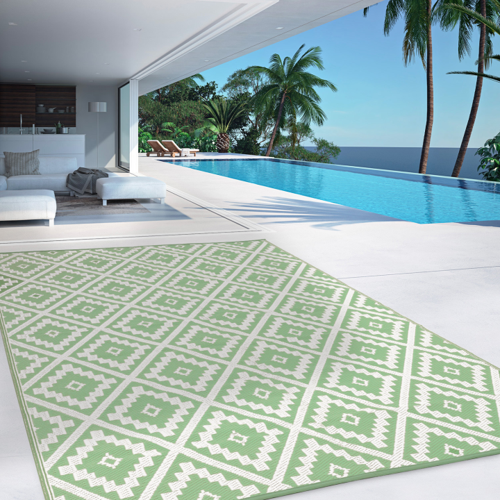 Alfombra de exterior verde salvia y blanca 180 x 280 cm barata | ID Market