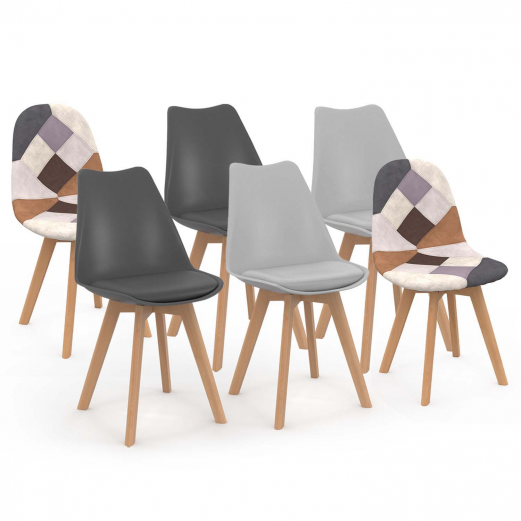 Lot de 6 chaises scandinaves SARA gris foncé x2, gris clair x2 et patchworks marron x2