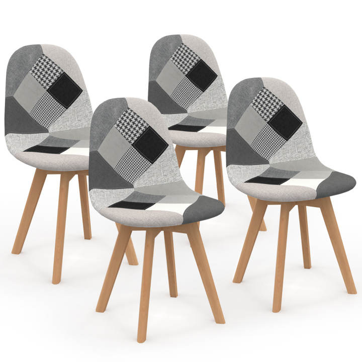 Lot de 4 chaises scandinaves SARA motifs patchworks noirs, gris et blancs