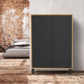 Armoire basse ESTER 2 portes métal noir et contour bois design industriel