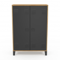 Armoire basse ESTER 2 portes métal noir et contour bois design industriel