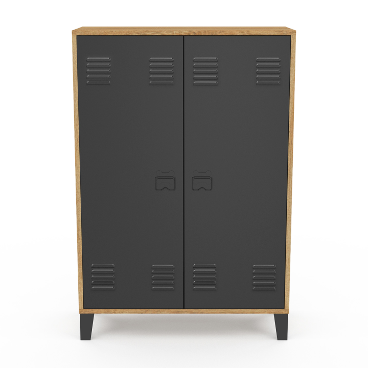 Armoire basse ESTER 2 portes métal noir et contour bois design industriel