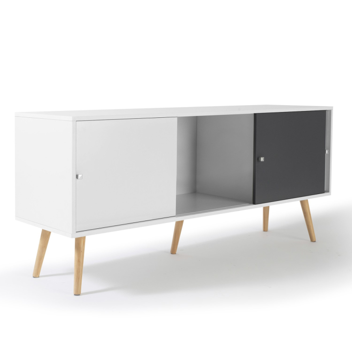 Buffet bas scandinave 135 cm EFFIE 3 portes bois blanc et gris